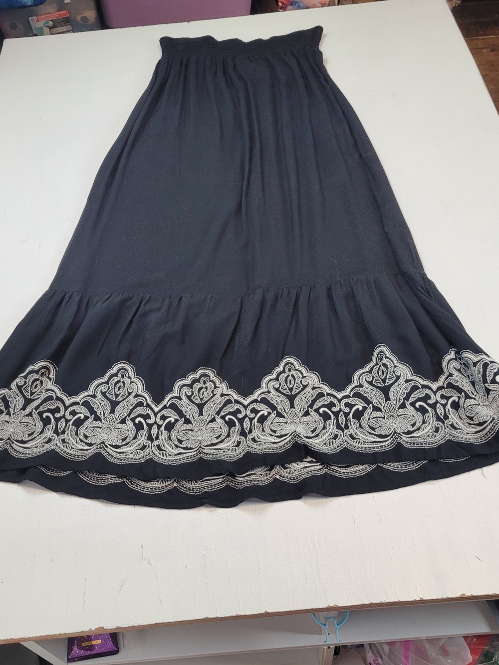 HeartSoul Black Maxi Skirt with White Embroidered Border
